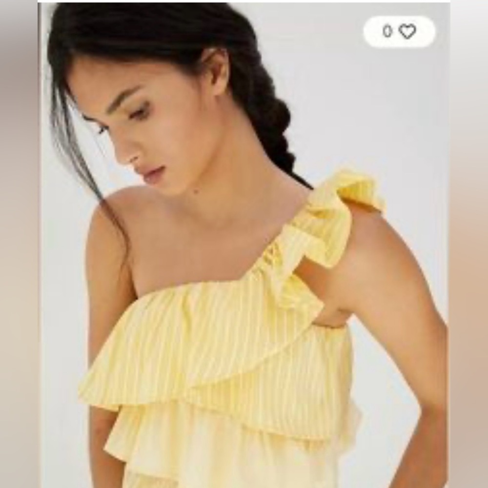 Anthropologie Maeve Yellow White Striped Ruffled One Shoulder Crop Top Sz XL